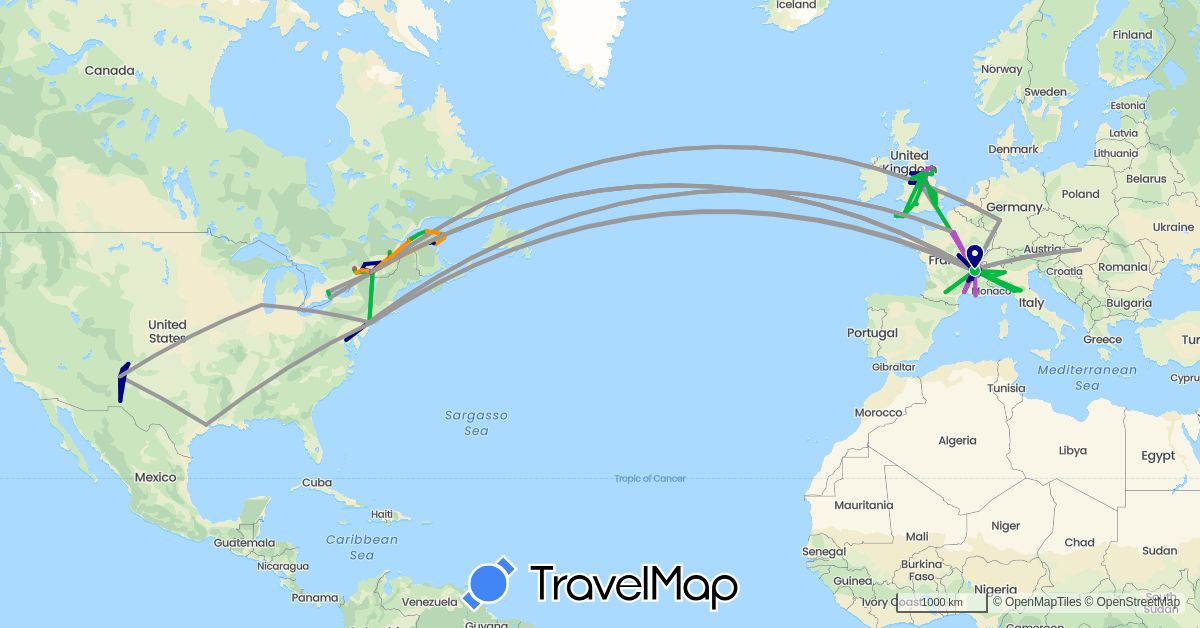 TravelMap itinerary: driving, bus, plane, train, hiking, hitchhiking in Canada, Germany, France, United Kingdom, Hungary, Italy, United States (Europe, North America)